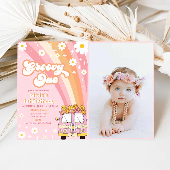 Groovy One Retro Rainbow 1st Birthday Photo Invitation | Zazzle