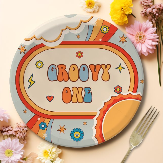Groovy One Retro Rainbow Birthday Party  Paper Plates (Creator Uploaded)