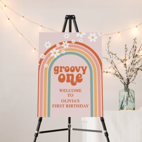 Groovy One Retro Rainbow Daisy Birthday Banner Foam Board
