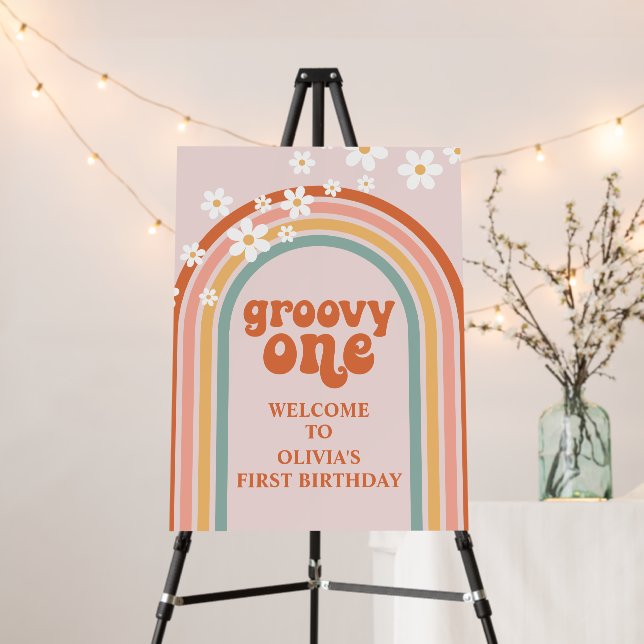 Groovy One Retro Rainbow Daisy Birthday Banner Foam Board (In Situ (Stand))