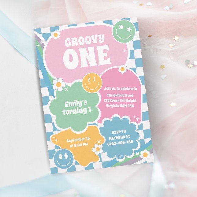 Groovy One Retro Smiles First Birthday Invitation (Creator Uploaded)