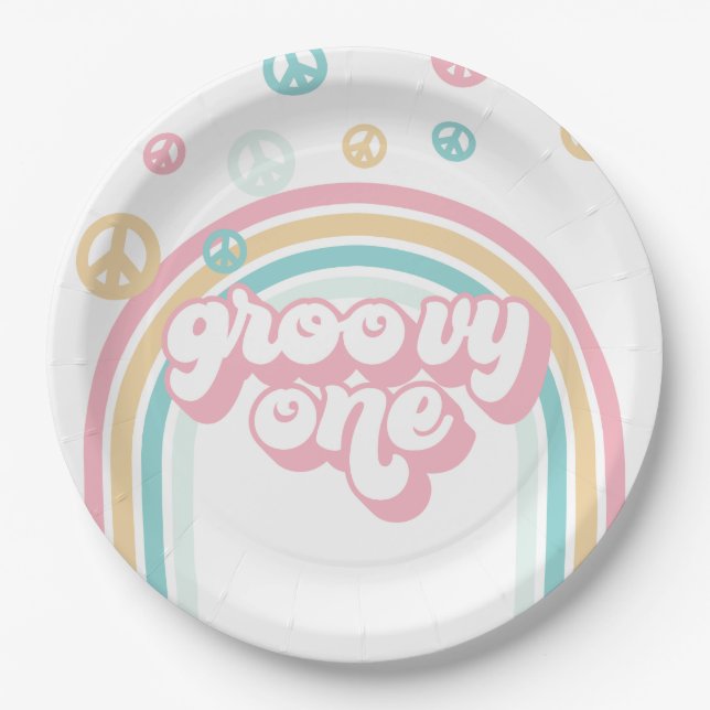 Groovy One Retro Summer Rainbow Paper Plates (Front)