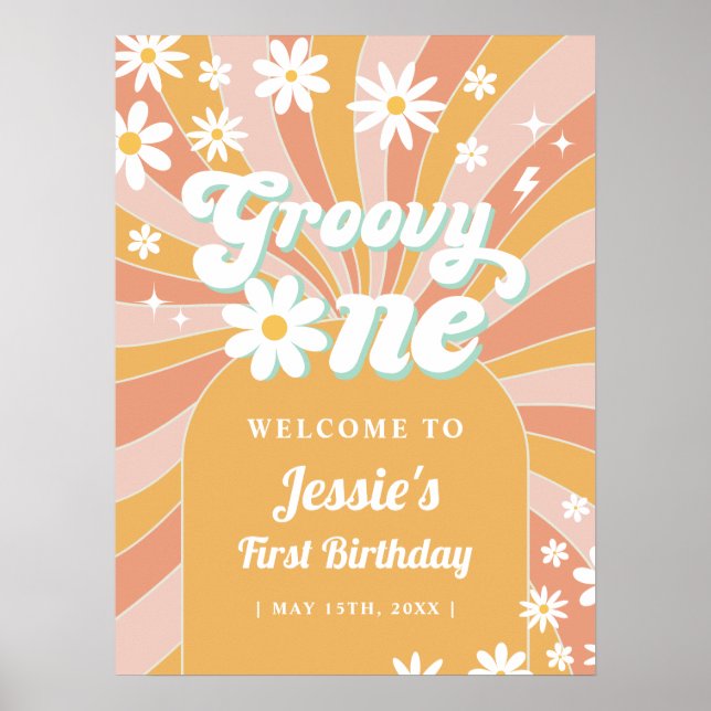 Groovy One Retro Sunshine 1st Birthday Welcome Poster (Front)