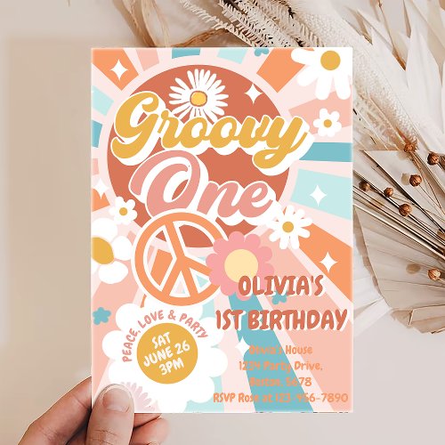 Groovy One Retro Sunshine Daisy Boho 1st Birthday Invitation