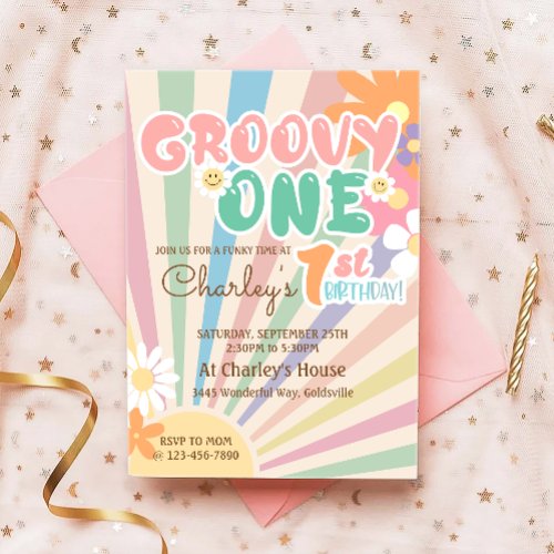 Groovy One Retro Sunshine Daisy Boho 1st Birthday Invitation