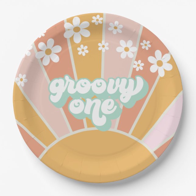 Groovy One Retro Sunshine daisy boho Paper Plates (Front)