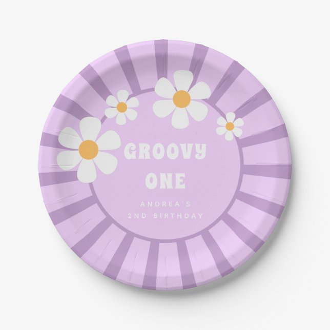 Groovy One Retro Sunshine Girl Second Birthday Paper Plates (Front)
