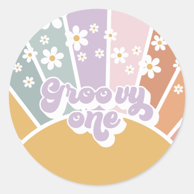 Groovy One Retro Sunshine Rainbow Daisy Classic Round Sticker (Front)