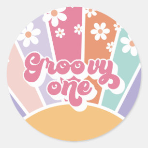 Groovy One Retro Sunshine Rainbow Daisy Classic Round Sticker