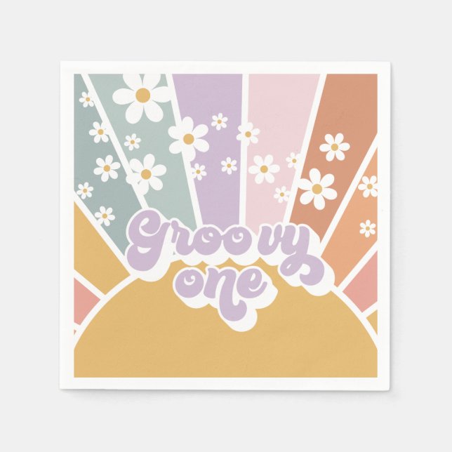 Groovy One Retro Sunshine Rainbow Daisy Napkins (Front)
