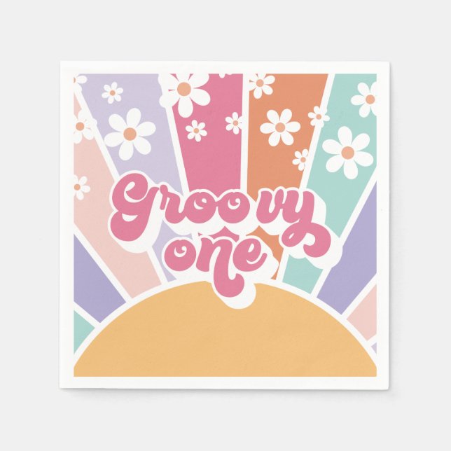 Groovy One Retro Sunshine Rainbow Daisy Napkins (Front)