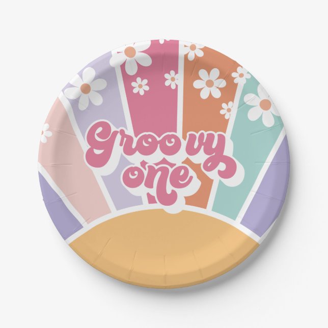 Groovy One Retro Sunshine Rainbow Daisy Paper Plates (Front)