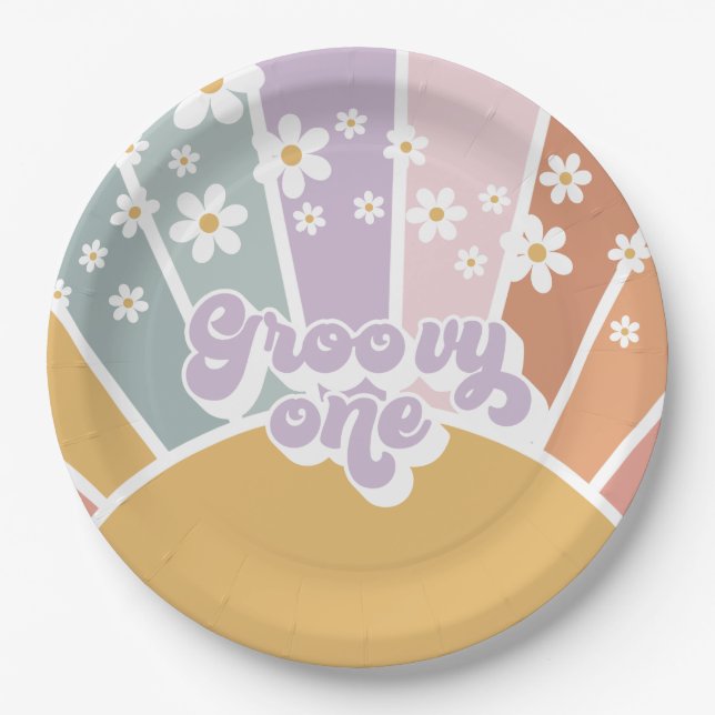 Groovy One Retro Sunshine Rainbow Daisy Paper Plates (Front)