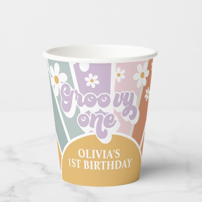 Groovy One Retro Sunshine Rainbow Paper Cups (Front)