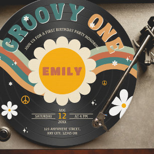 Groovy One Retro Vinyl Record Girl's 1st Birthday Invitation