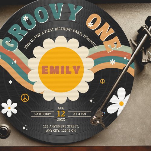 Groovy One Retro Vinyl Record Girls 1st Birthday Invitation