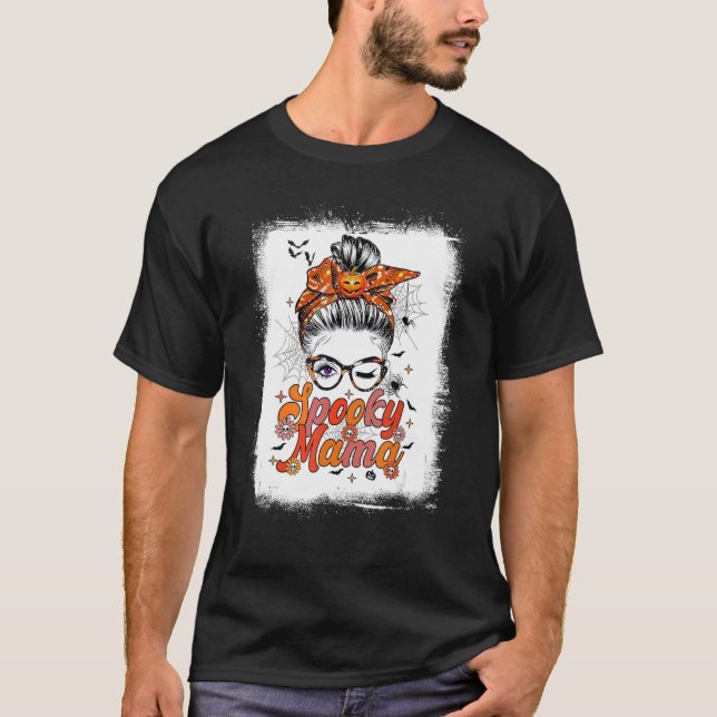Groovy One Spooky Mama Messy Bun Women Witch Mom H T-Shirt (Front)