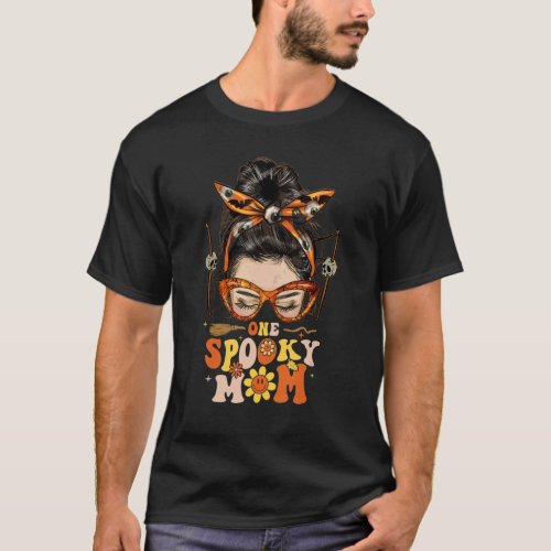 Groovy One Spooky Mom Messy Bun Women Hippie Mom H T_Shirt