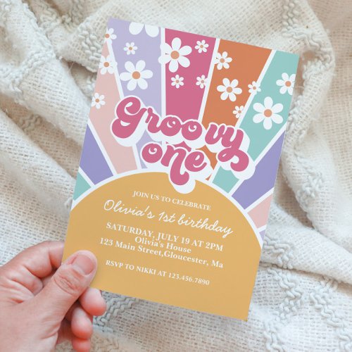 Groovy One Sunshine Rainbow Daisy Invitation
