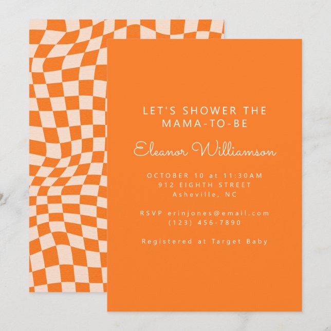 Groovy Orange Abstract Checkerboard Baby Shower Invitation (Front/Back)
