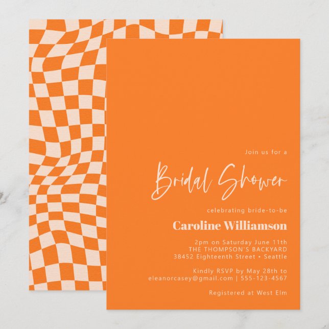 Groovy Orange Abstract Checkerboard Bridal Shower Invitation (Front/Back)