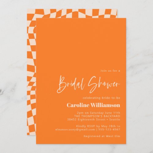 Groovy Orange Abstract Checkerboard Bridal Shower Invitation