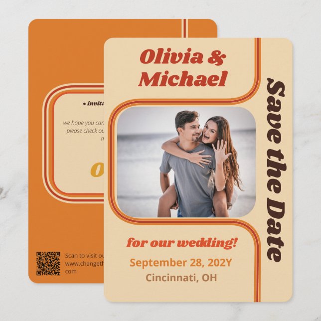 Groovy Orange and Brown Rainbow Curve Photo Save The Date (Front/Back)