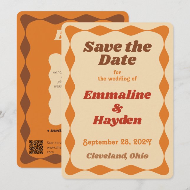 Groovy Orange and Brown Wavy Border Wedding Save The Date (Front/Back)