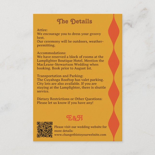 Groovy Orange Brown Wavy Border Wedding Details Enclosure Card (Front)