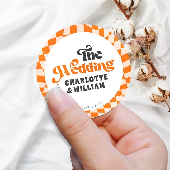 Groovy Orange Checkered Modern Retro Wedding Classic Round Sticker (Creator Uploaded)