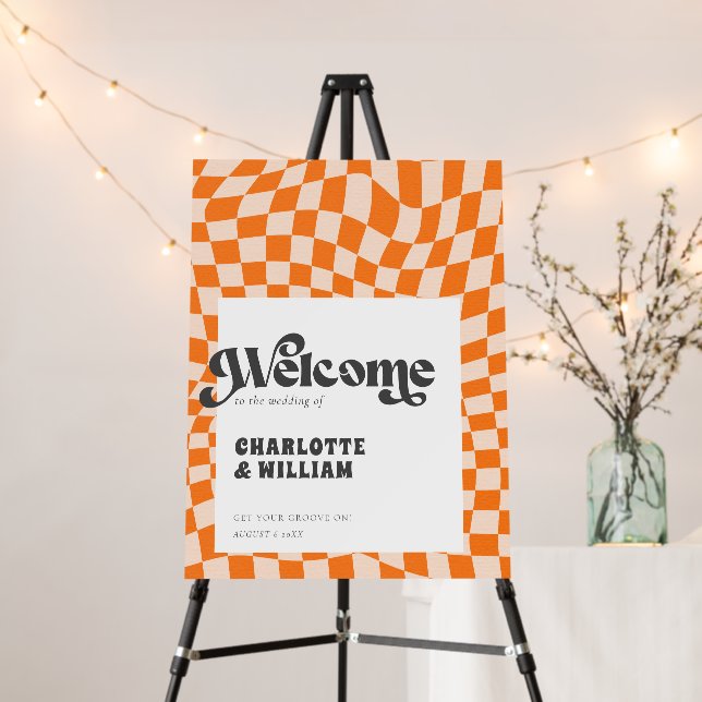 Groovy Orange Checkered Retro Wedding Welcome Sign (In Situ (Stand))