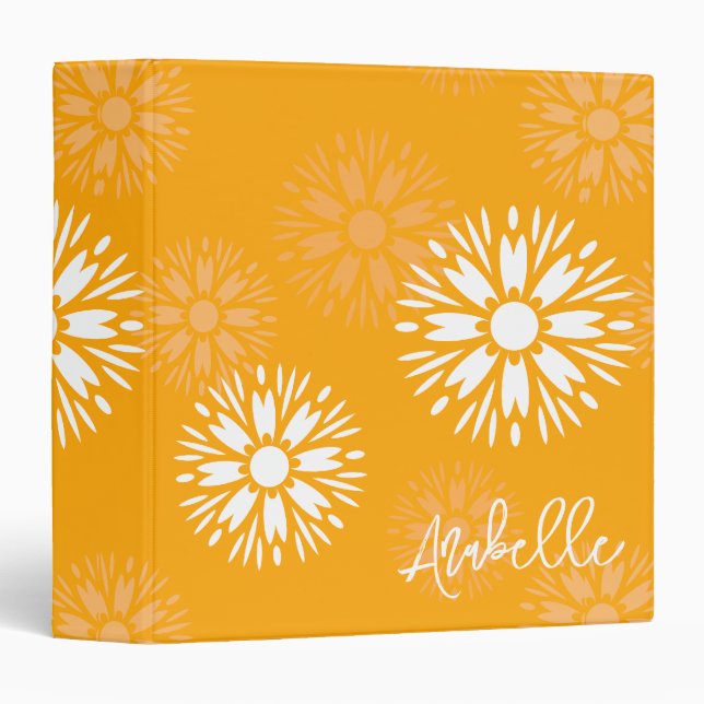 Groovy Orange Daisy Flower Retro Floral Name  3 Ring Binder (Front/Spine)