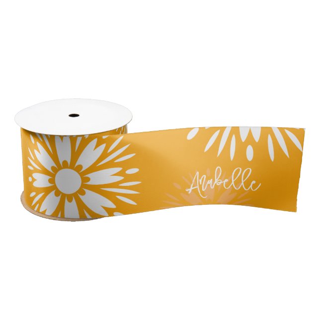 Groovy Orange Daisy Flower Retro Floral Name  Satin Ribbon (Spool)