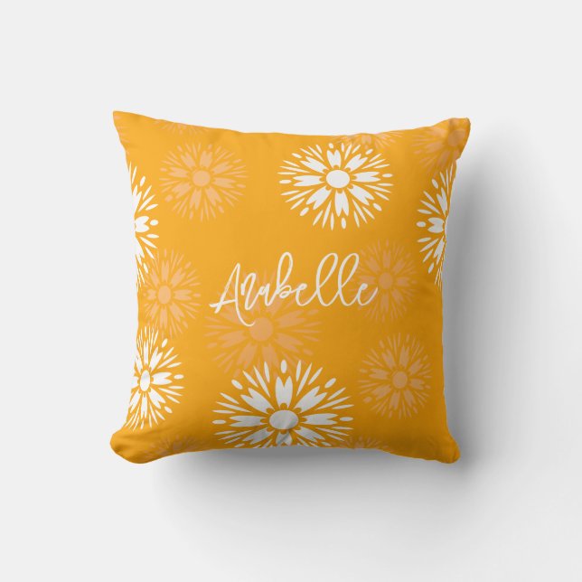Groovy Orange Daisy Flower Retro Floral Name  Throw Pillow (Front)