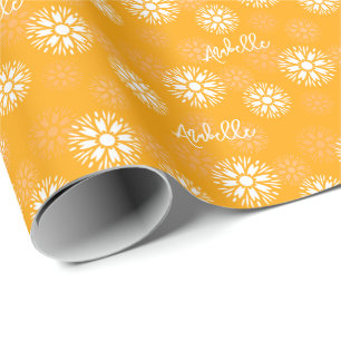 Groovy Orange Daisy Flower Retro Floral Name Wrapping Paper