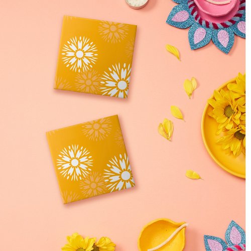 Groovy Orange Daisy Flower Retro Floral Pattern Tile