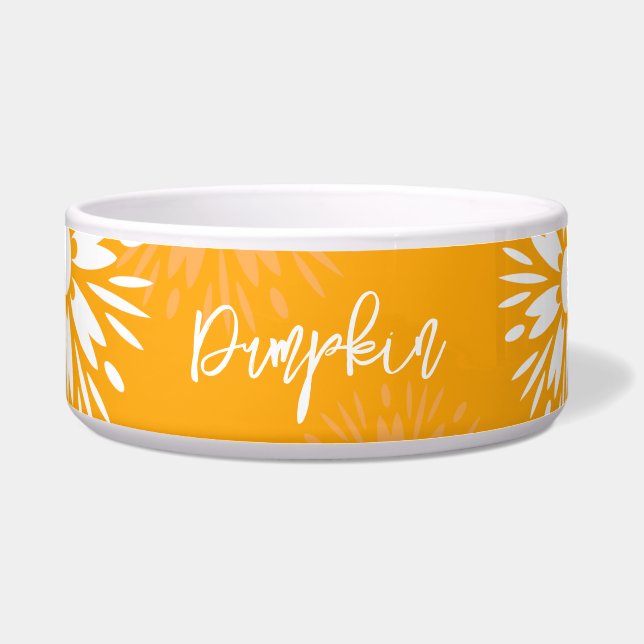 Groovy Orange Daisy Flower Retro Floral Pet Name  Bowl (Front)