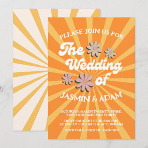 Groovy Orange Daisy Sunburst Retro Wedding Invitation