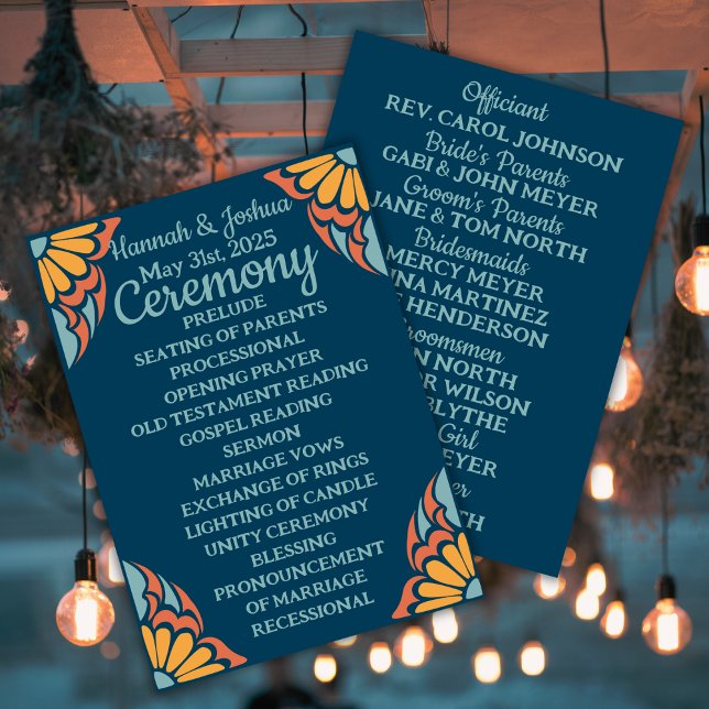 Groovy Orange Flowers on Deep Blue Wedding Program (Creator Uploaded)