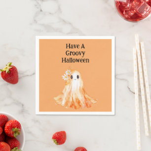 Groovy Orange Ghost Flowers Halloween Napkins