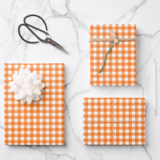 Groovy Orange Gingham Check Pattern Wrapping Paper Sheets (Front)