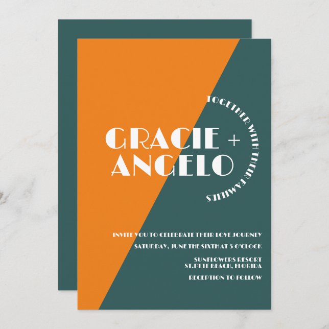 Groovy Orange Green Two Tones Wedding Invitation (Front/Back)