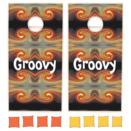 Groovy Orange Swirls Abstract Wavy Retro Cornhole Set