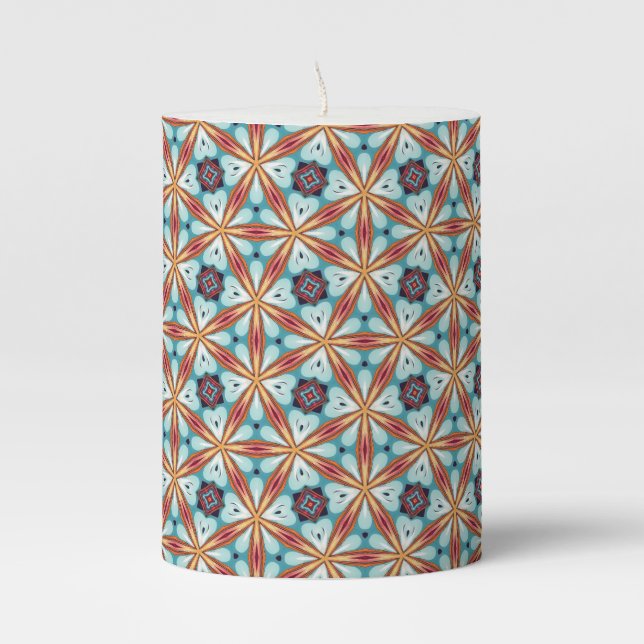 Groovy Orange Turquoise Blue Pattern Pillar Candle (Front)