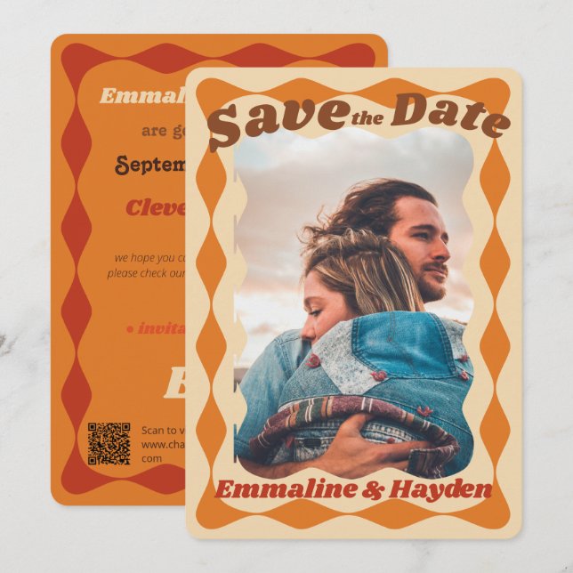 Groovy Orange Wavy Border Photo Wedding Save The Date (Front/Back)