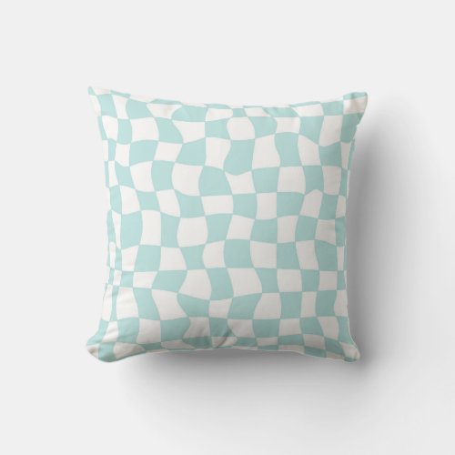 Groovy Pastel Blue White Checks Checkered   Throw Pillow