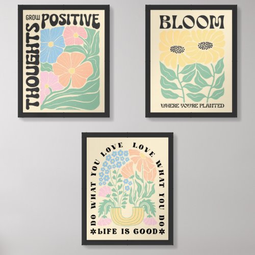 Groovy Pastel Flowers Positve Quotes Wall Art Set