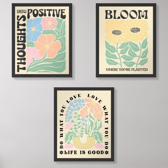 Groovy Pastel Flowers Positve Quotes Wall Art Set (Front)