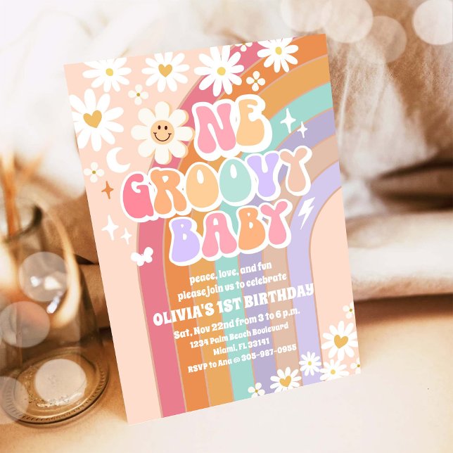 Groovy Pastel Rainbow 1st Birthday Invitation (Creator Uploaded)