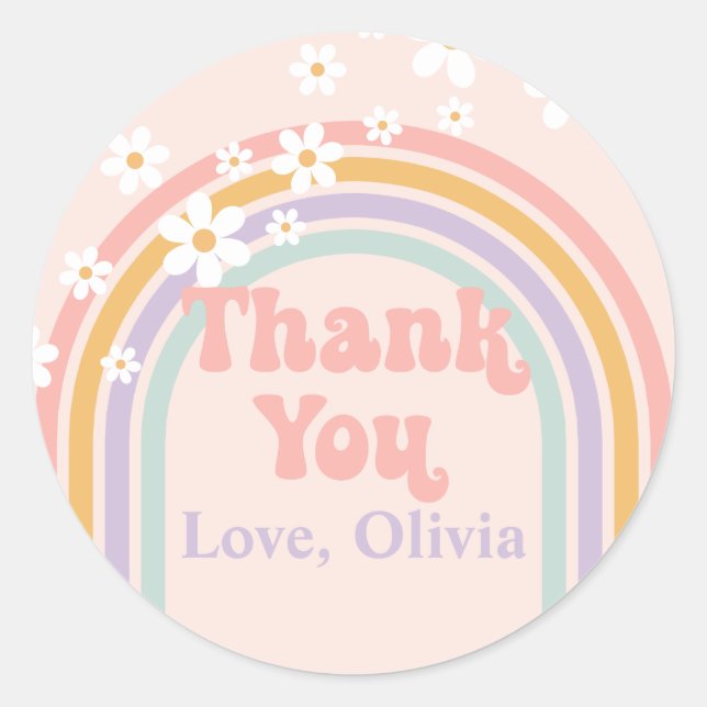 Groovy Pastel rainbow Thank You Classic Round Sticker (Front)